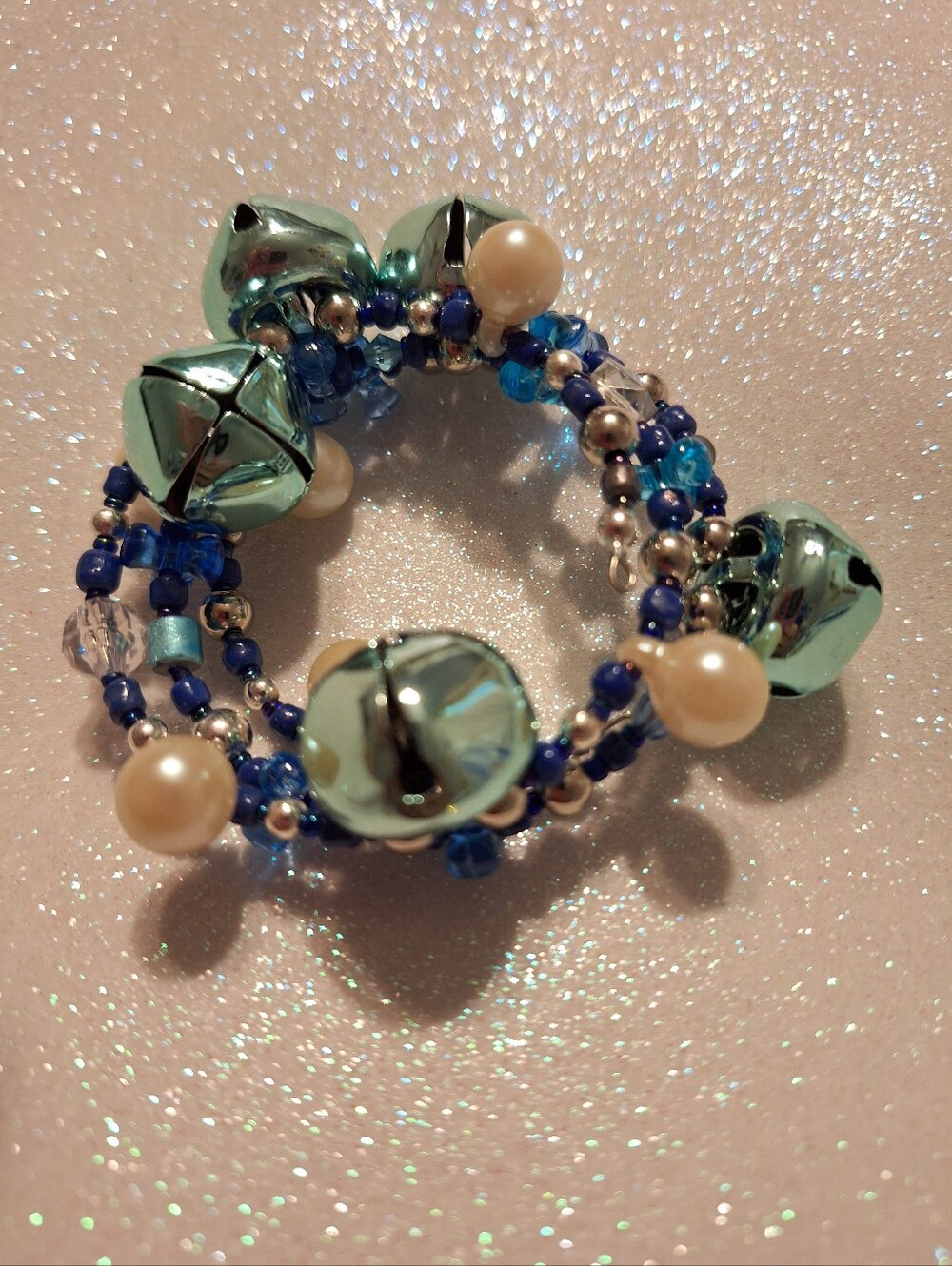 Jingle Bell Silver And Blue Holiday Memory Wire Unisex Bracelet NEW